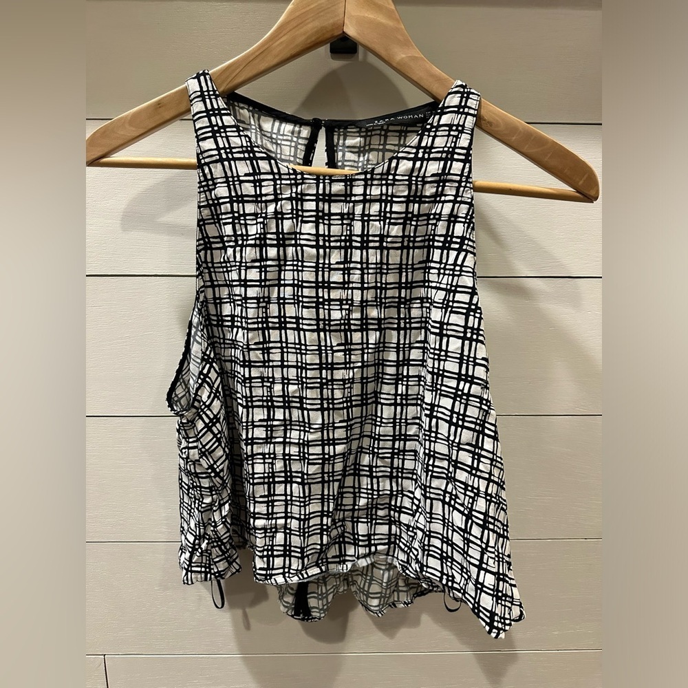 Zara Women’s Black and White Plaid Women's Top- size Medium